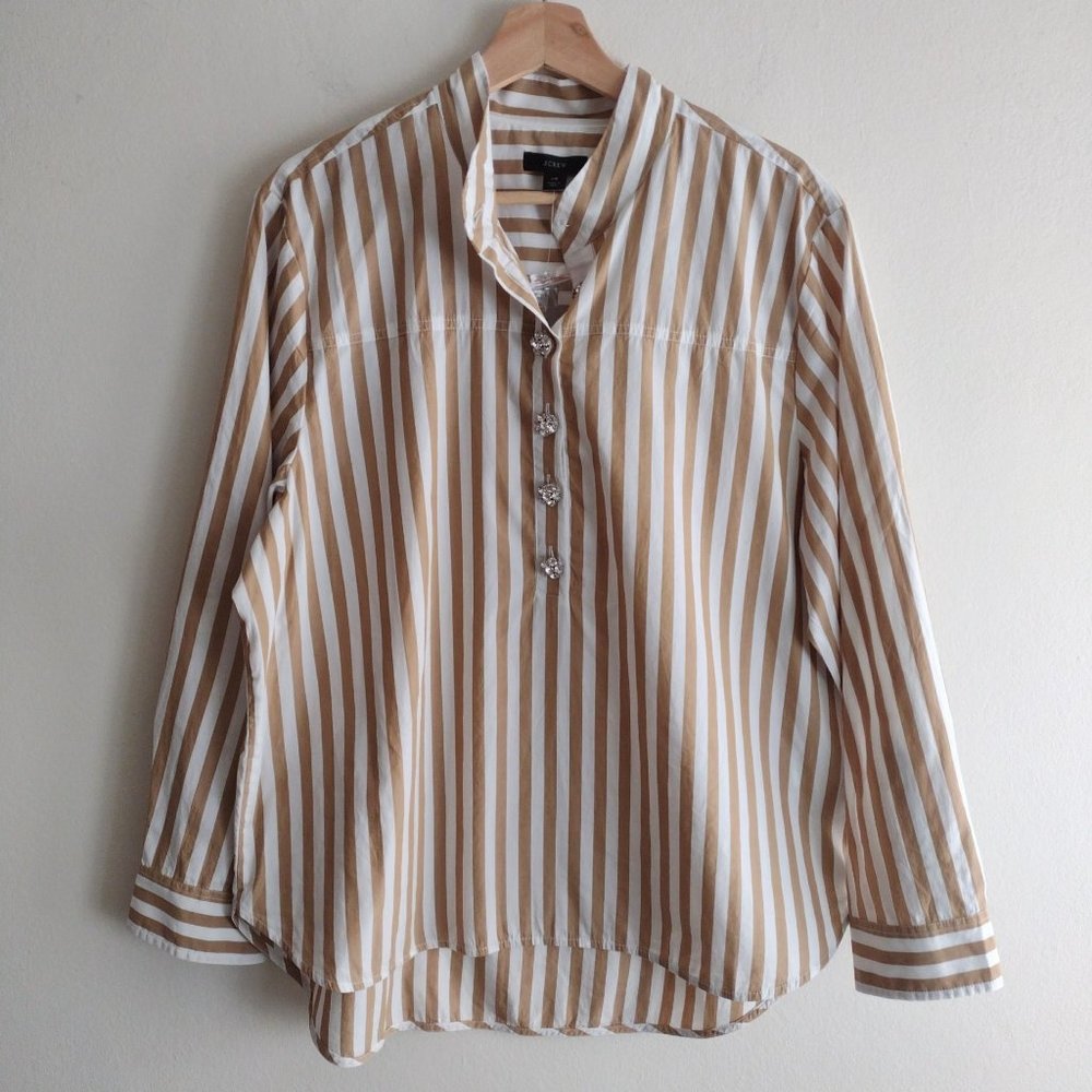 NWT JCrew Striped Blouse size 14 Latte White Fun Button details